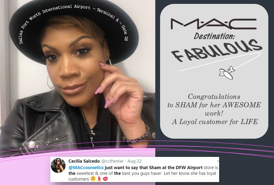 A customer appreciation tweet from Mac Cosmetics directed to Sham. A customer appreciation tweet from Mac Cosmetics directed to Sham.
